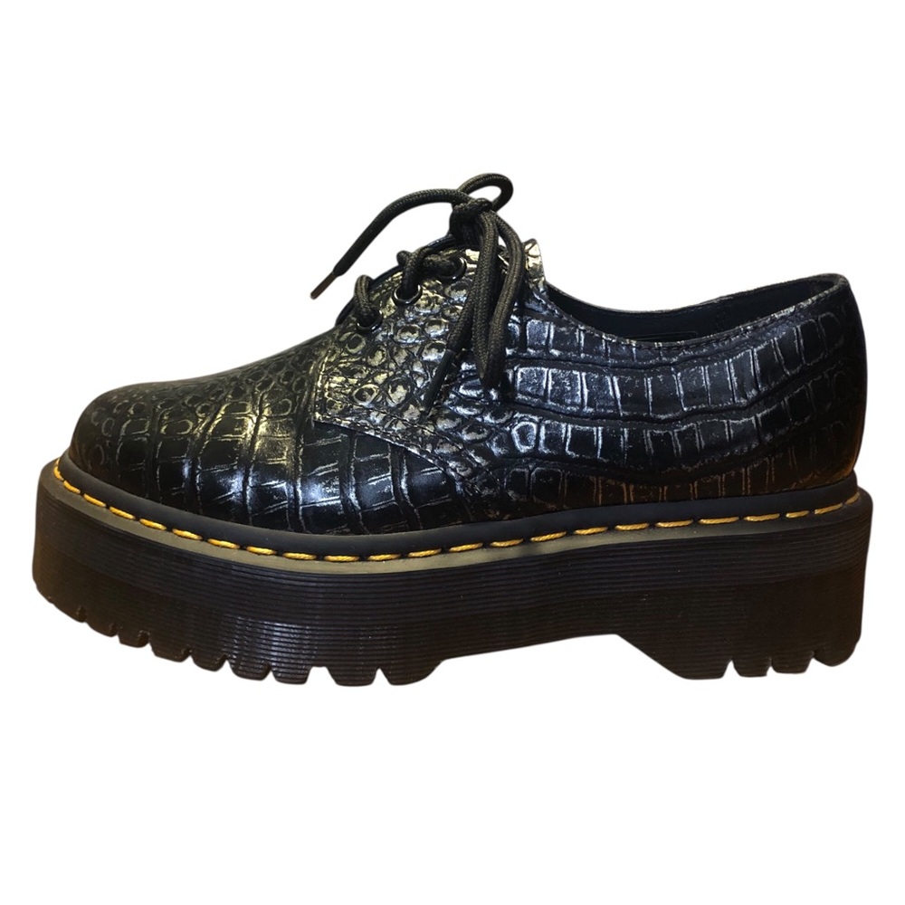 DR MARTENS 1461 quad croc emboss leather platform shoe in gunmetal - Picture 5 of 14